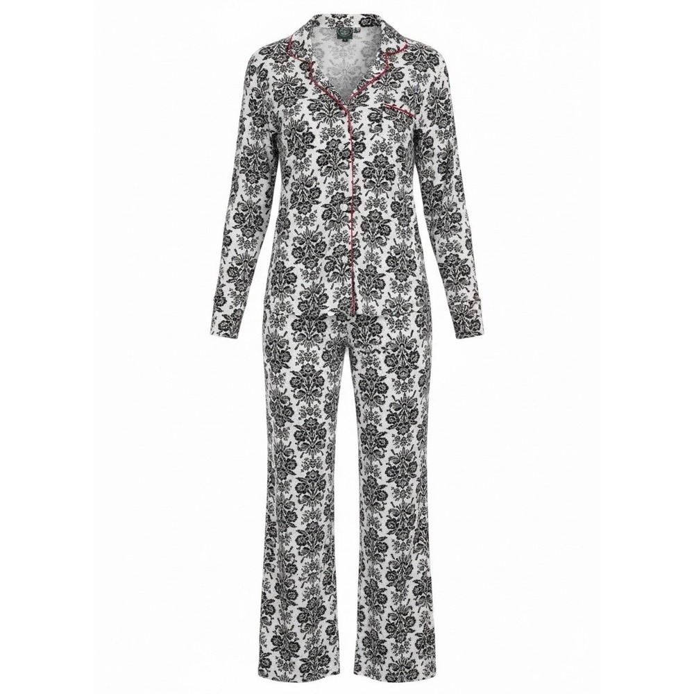 Laura Ashley Large 2 Piece Velour Pajama Set Black Floral Buttons Notch Collar
